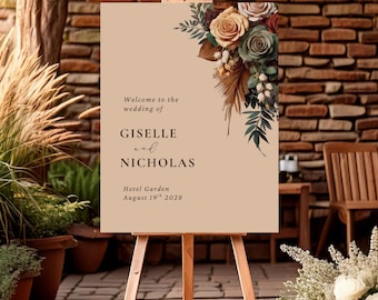 Modello di cartello di benvenuto per matrimonio Rust Florals, cartello modificabile, download immediato, Canva #L3RSRD