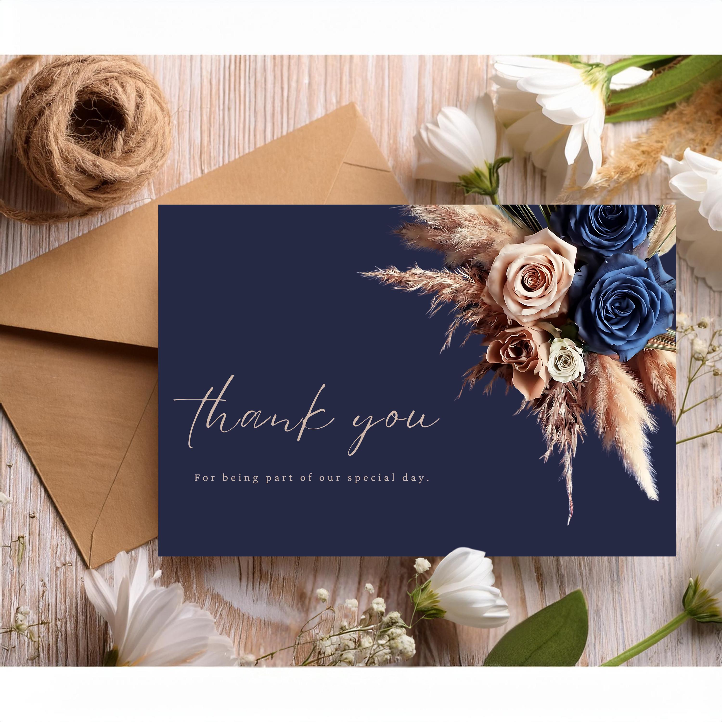 Navy Blue Rose Gold Floral Thank You Card Wedding Template, Canva ...