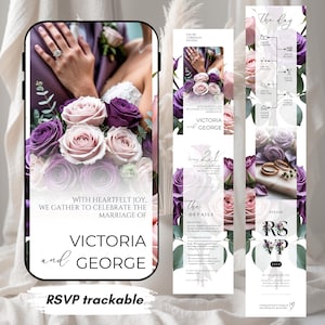 Può includere: Un set di inviti di nozze con un mockup di telefono e due biglietti verticali. Il telefono mostra un bouquet di rose viola e rosa, con il testo "Victoria e George". I biglietti includono i dettagli del matrimonio e le informazioni RSVP. Il testo "RSVP trackable" è in basso.