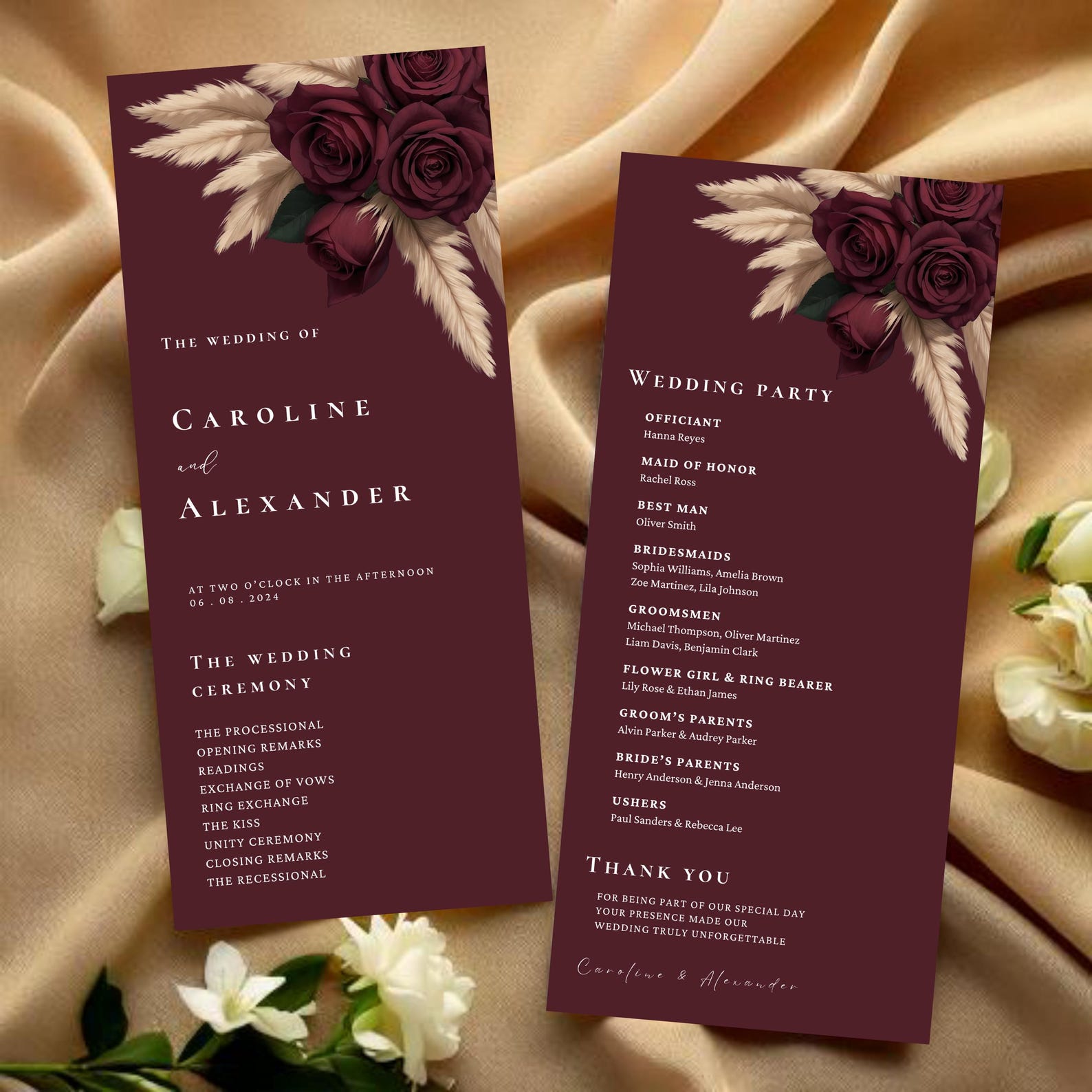 Burgundy Floral Wedding Programs Template, Ceremony Program Itinerary ...