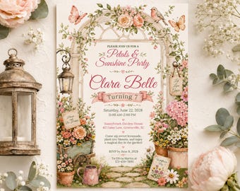 May include: A rectangular invitation card featuring a garden archway illustration with pink flowers, butterflies, a bird, and a lantern. Text reads: Petals & Sunshine Party, Clara Belle, Turning 7, Saturday, June 22, 2028, 11:00 AM-2:00 PM, Sunnybrook Garden House, 412 Daisy Lane, Greeneville, SC, RSVP by June 8, 2028.