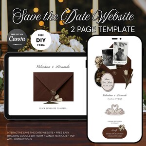 Könnte beinhalten: Eine digitale Hochzeitseinladungsvorlage, die auf einem Tablet und Smartphone angezeigt wird. Das Tablet zeigt ein braunes Umschlagdesign mit den Namen "Valentina & Leonardo". Das Smartphone zeigt ein ähnliches Design mit Fotos und dem Text "Save Our Date 10.18.28."