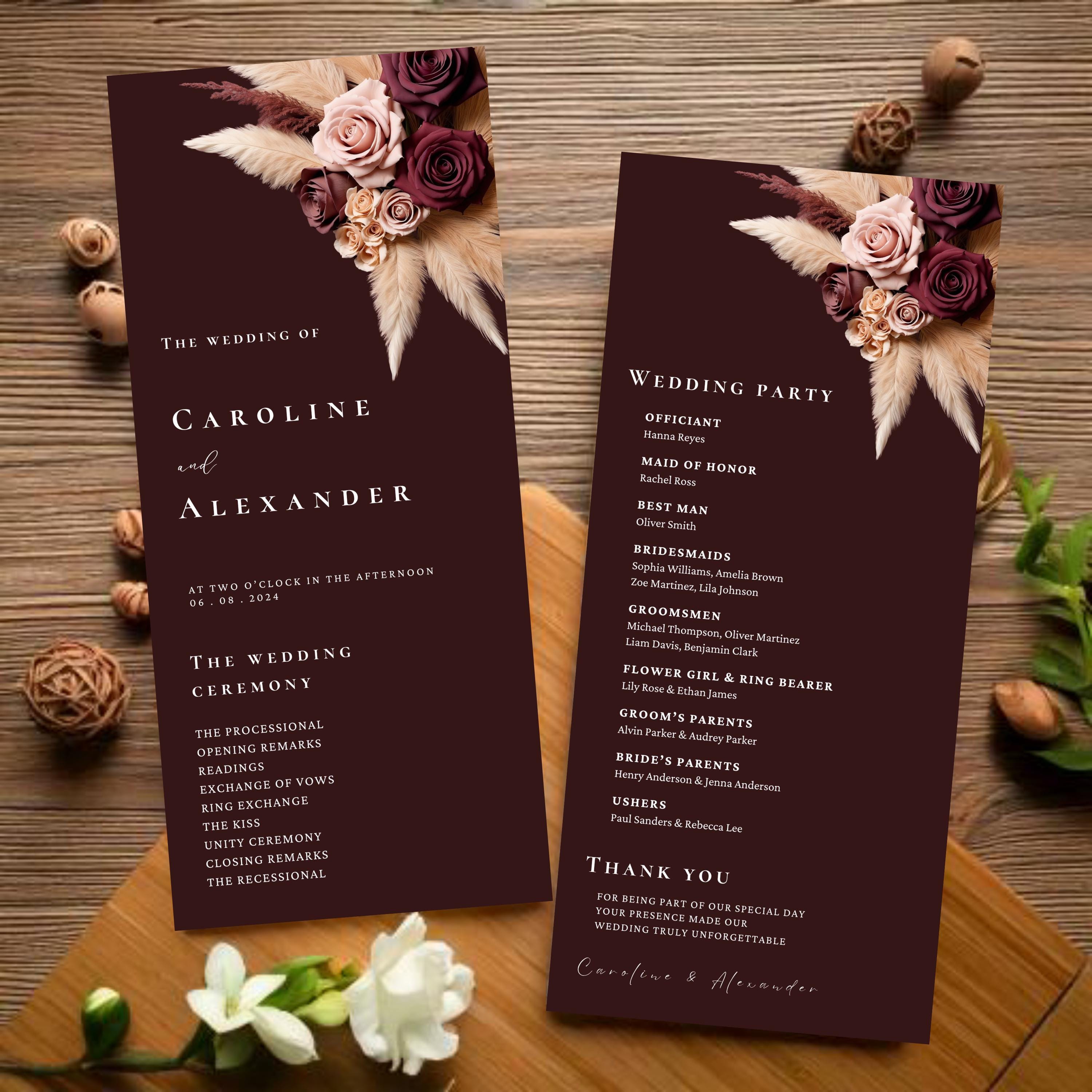 Rose Gold Program Burgundy, Rose Gold, Champagne Wedding Programs Template, Ceremony ...
