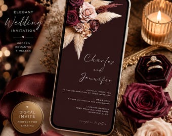 Burgundy Rose Gold Champagne Wedding Invitation Video, Animated Mobile Invite (Digital Download) #L1RSBR