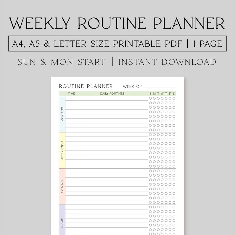 Printable Weekly Routine Planner, Monday Start, Sunday Start, Planner ...