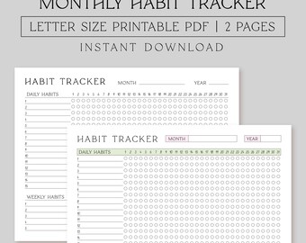 Printable Daily, Weekly, Monthly Habit Tracker 8.5X11 | Digital Download | Two formats | Horizontal Layout