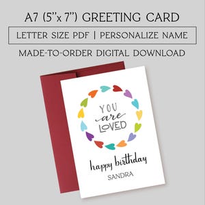 "Druckbare personalisierte alles Gute zum Geburtstagkarte, Made to order digitaler Download, Sie sind geliebt Karte, Drucken 8,5 "x 11" PDF und geschnitten auf 5 "x 7"