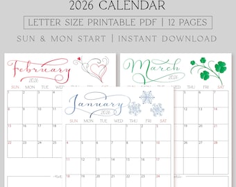2026 Monthly Calendar Printable, Sunday & Monday Start (Digital Download), Letter Size