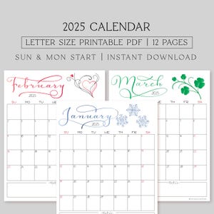 2025 Printable Calendar 8.5X11, Digital Download Seasonal Academic Planner Calendar, Sunday Start and Monday Start
