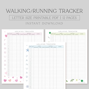 May include: Printable walking or running tracker log with 12 pages. Each page has a calendar grid with space to record distance, time, steps, and notes. The pages are decorated with hearts, snowflakes, and leaves.