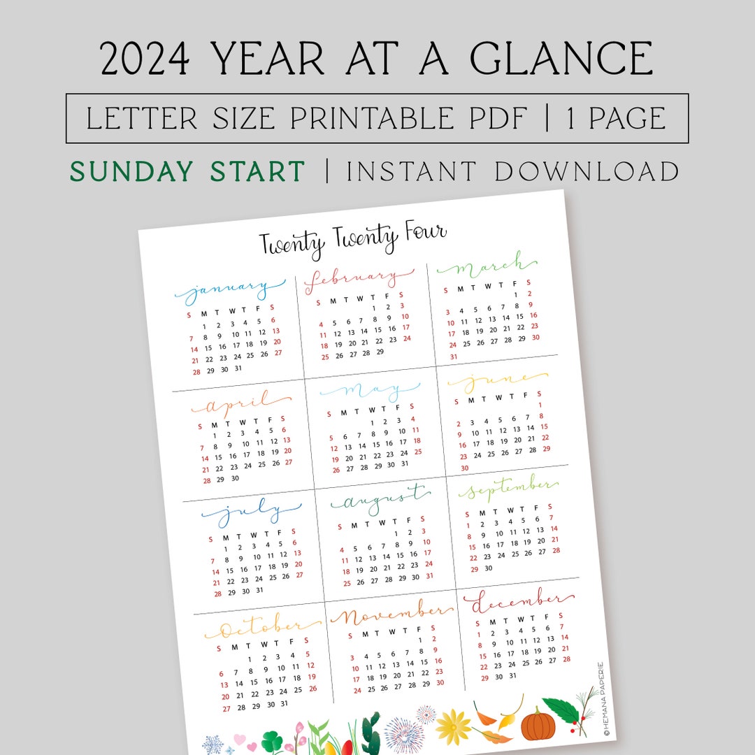 2024 Printable Calendar 8.5X11, Digital Download, Year at a glance one ...