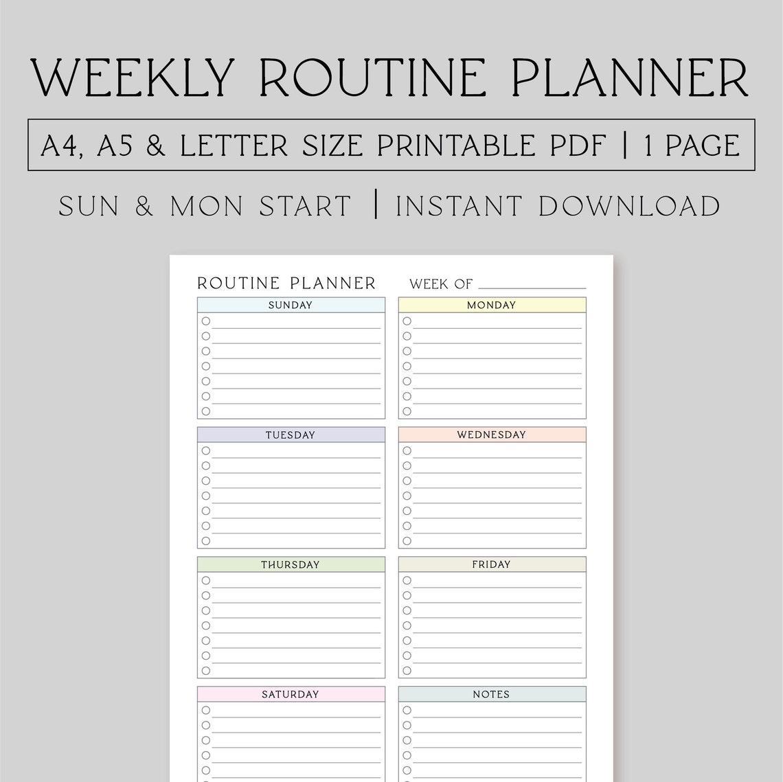 Printable Weekly Routine Planner, Monday Start, Sunday Start, Letter ...