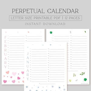 Printable Birthday Tracker, Anniversary Celebration Calendar for 12 months, Perpetual Digital Download Calendar 8.5X11, Instant Download