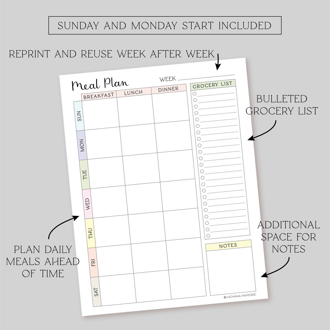Printable Weekly Meal Plan and Grocery List, Monday Start, Sunday Start, Letter Size Meal Plan ...