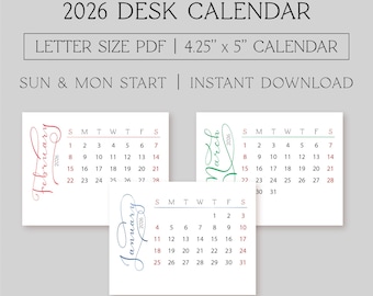 2026 Desk Calendar Printable, Sunday and Monday Start, Simple Horizontal Design (Letter Size PDFs), A2 size 4.25"x5.5"