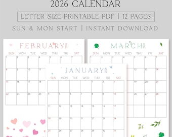 May include: A printable 2026 calendar with a white background. The calendar includes the months of January, February, and March, with each month's name in a different color. The calendar is letter size and has 12 pages.