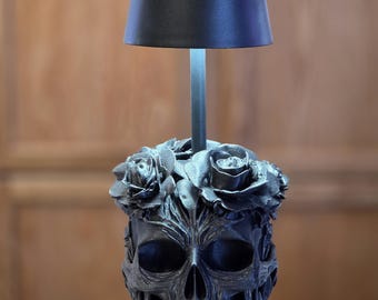 Indoor/Outdoor 3-Setting LED Desk Lamp with 3D Printed Skull and Roses Rechargeable Design