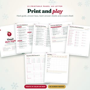 May include: A 13-page printable Christmas trivia game titled Tinsel Quiz Night. The set includes a host guide, answer keys, team answer sheets, and a score sheet on US Letter paper. The documents feature red and black text on white pages.