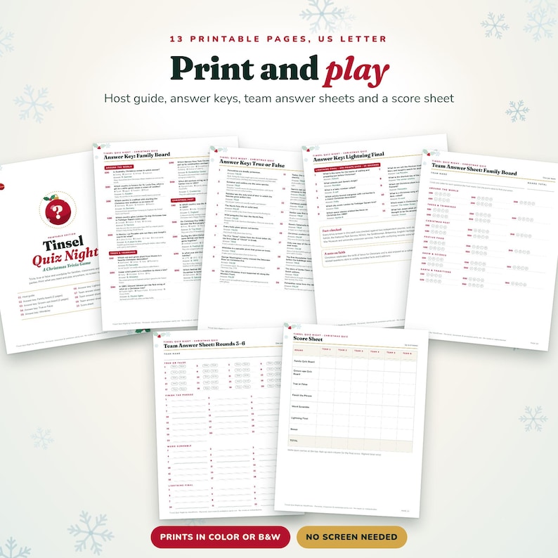May include: A 13-page printable Christmas trivia game titled Tinsel Quiz Night. The set includes a host guide, answer keys, team answer sheets, and a score sheet on US Letter paper. The documents feature red and black text on white pages.