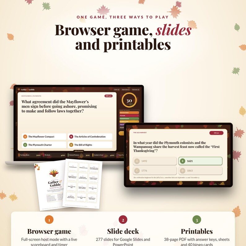 May include: A digital game set titled Gather and Gobble featuring a browser game, slide deck, and printables. The display shows a laptop and tablet with quiz questions about the Mayflower and Thanksgiving, plus two printed game sheets.