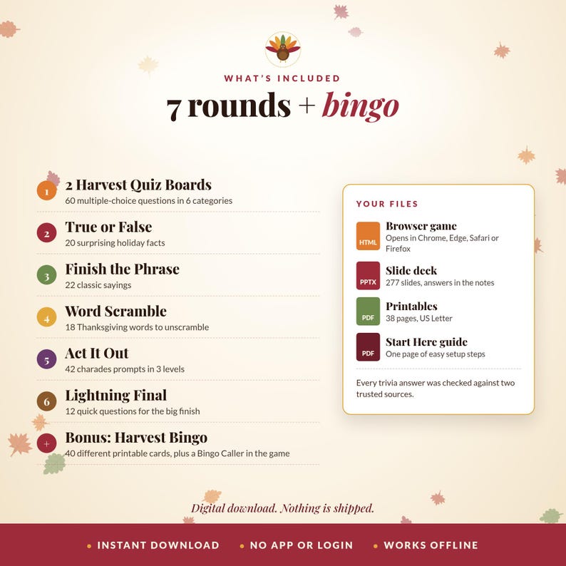 May include: A digital Thanksgiving game set featuring 7 rounds and bingo. Includes 2 Harvest Quiz Boards, True or False, Finish the Phrase, Word Scramble, Act It Out, Lightning Final, and Harvest Bingo. Files include browser game, slide deck, printables, and a setup guide.