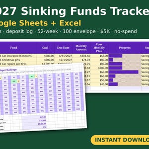 May include: A 2027 Sinking Funds Tracker digital spreadsheet for Google Sheets and Excel. The interface features a purple and white table with columns for fund goals, due dates, and progress bars, plus a 100 Envelope Challenge grid.
