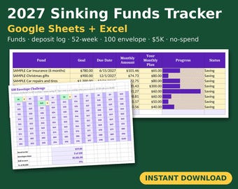 Sinking Funds Tracker Spreadsheet, 2027 Savings Challenge, Money Saving Challenge, Savings Goal Tracker, Google Sheets Excel