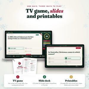May include: A digital quiz game set featuring a TV game mode, slide deck, and printable PDF. The display shows trivia questions about Christmas, including text like One quiz, three ways to play, TV game, slides and printables, and Tinsel Quiz Night.