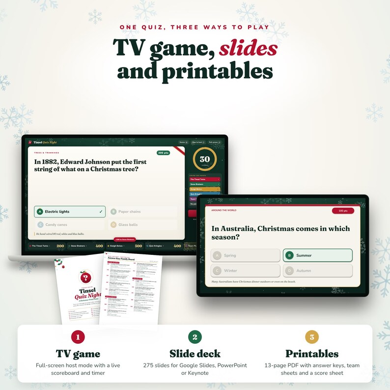 May include: A digital quiz game set featuring a TV game mode, slide deck, and printable PDF. The display shows trivia questions about Christmas, including text like One quiz, three ways to play, TV game, slides and printables, and Tinsel Quiz Night.