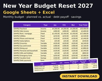 2027 Budget Planner Spreadsheet, Monthly Budget, Debt Payoff Planner, Debt Snowball, Savings Goal Tracker, Google Sheets Excel