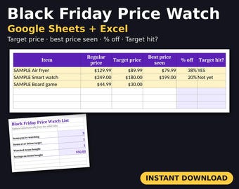 Puede incluir: Una hoja de cálculo digital Black Friday Price Watch para Google Sheets y Excel. La interfaz muestra columnas para nombres de artículos, precios regulares, precios objetivo, mejores precios vistos, porcentaje de descuento y estado.