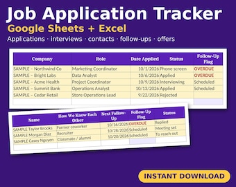 Job Application Tracker Spreadsheet, Job Search Tracker, Interview Tracker, Networking Tracker, Follow Up Log, Google Sheets Excel, Job Hunt
