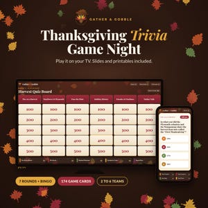 May include: A Thanksgiving trivia game set featuring a digital quiz board on a television screen and a smartphone, with text reading Gather & Gobble, Thanksgiving Trivia Game Night, and Harvest Quiz Board, surrounded by autumn leaves.