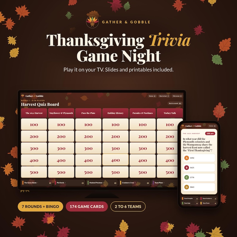 May include: A Thanksgiving trivia game set featuring a digital quiz board on a television screen and a smartphone, with text reading Gather & Gobble, Thanksgiving Trivia Game Night, and Harvest Quiz Board, surrounded by autumn leaves.
