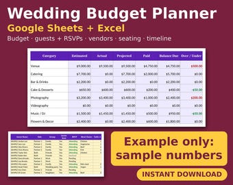Wedding Planner Spreadsheet, Wedding Budget Template, Guest List, Vendor Tracker, Wedding Timeline, Checklist, Google Sheets Excel
