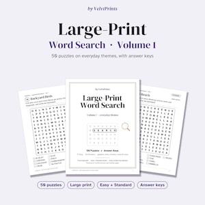 Large Print Word Search Puzzles for Seniors, 50 Printable Word Find Pages, Easy and Standard, Big Print Puzzle Book PDF, Answer Keys