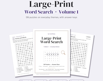 Puede incluir: Un libro de sopas de letras en letra grande Volumen 1 de VelvtPrints con 50 acertijos sobre temas cotidianos y claves de respuestas. La portada muestra el título y una lupa, flanqueada por dos páginas de muestra tituladas Backyard Birds y The Beach.