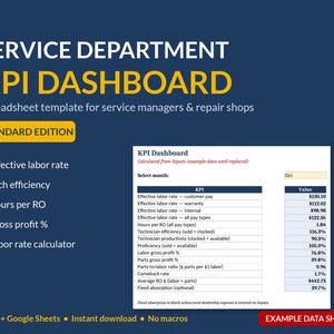 Service Department KPI Dashboard Spreadsheet - Effective Labor Rate, Hours per RO, Tech Efficiency | Excel & Google Sheets image 1