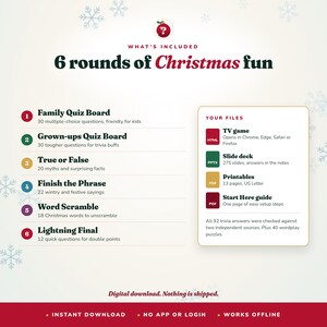 May include: A digital Christmas trivia game set featuring 6 rounds including a Family Quiz Board, Grown-ups Quiz Board, True or False, Finish the Phrase, Word Scramble, and Lightning Final. Includes HTML, PPTX, and PDF files for easy setup.