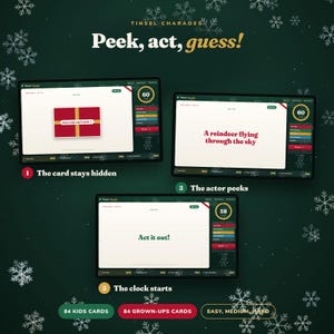 Puede incluir: Juego Tinsel Charades con tres pantallas digitales que muestran los pasos del juego: una tarjeta de regalo roja oculta, una indicaci&oacute;n A reindeer flying through the sky y una instrucci&oacute;n Act it out! con temporizador y puntuaci&oacute;n.