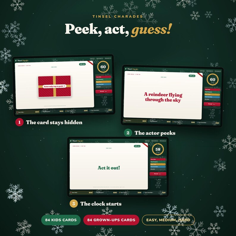 Puede incluir: Juego Tinsel Charades con tres pantallas digitales que muestran los pasos del juego: una tarjeta de regalo roja oculta, una indicaci&oacute;n A reindeer flying through the sky y una instrucci&oacute;n Act it out! con temporizador y puntuaci&oacute;n.