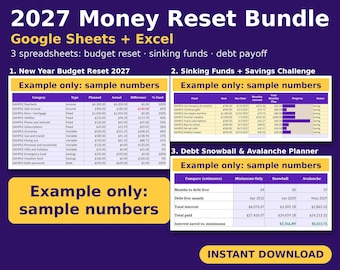 2027 Money Reset Bundle, Budget Planner, Sinking Funds Tracker, Debt Snowball Spreadsheet, 3 Spreadsheets, Google Sheets Excel