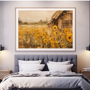 May include: A painting of a field of sunflowers in front of a rustic wooden building. The sunflowers are in various shades of yellow and orange, and the building is painted in shades of brown and gray.