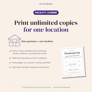 Large Print Thanksgiving Puzzles, Facility License, Activity Director Printable, Senior Center Group Activity, Word Search Crossword