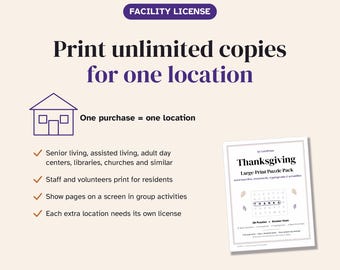 Large Print Thanksgiving Puzzles, Facility License, Activity Director Printable, Senior Center Group Activity, Word Search Crossword