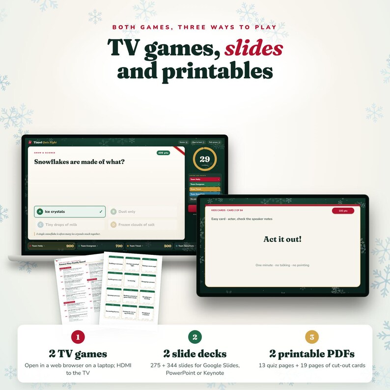 Puede incluir: Un conjunto de juegos digitales con dos pantallas que muestran preguntas de cuestionarios y actividades. El texto dice: Both games, three ways to play, TV games, slides and printables. Incluye dos juegos de TV, dos presentaciones y dos PDF.