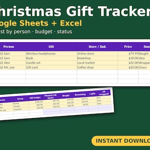 May include: A digital Christmas Gift Tracker spreadsheet for Google Sheets and Excel. The layout features purple headers and beige rows with columns for person, gift, store, price, and status. Includes a secondary table for budget tracking.