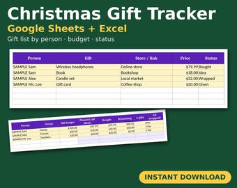 Puede incluir: Una hoja de cálculo digital para el seguimiento de regalos de Navidad en Google Sheets y Excel. El diseño presenta encabezados morados y filas beige con columnas para persona, regalo, tienda, precio y estado. Incluye tabla de presupuesto.