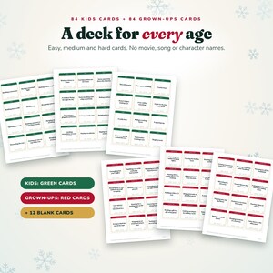 Op de afbeelding: Een kaartspelset met 84 groene kaarten voor kinderen en 84 rode kaarten voor volwassenen, plus 12 blanco kaarten. De tekst luidt A deck for every age, Easy, medium and hard cards. No movie, song or character names, Kids: Green Cards, Grown-ups: Red Cards.