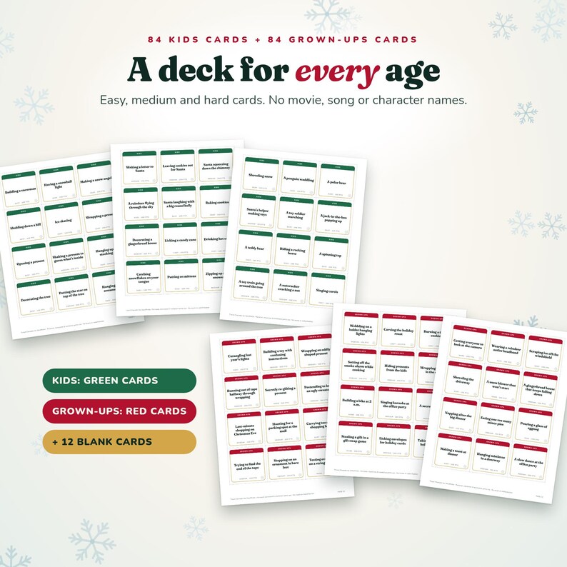 Op de afbeelding: Een kaartspelset met 84 groene kaarten voor kinderen en 84 rode kaarten voor volwassenen, plus 12 blanco kaarten. De tekst luidt A deck for every age, Easy, medium and hard cards. No movie, song or character names, Kids: Green Cards, Grown-ups: Red Cards.